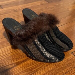 Chic Black and Brown Fur Trim Mules